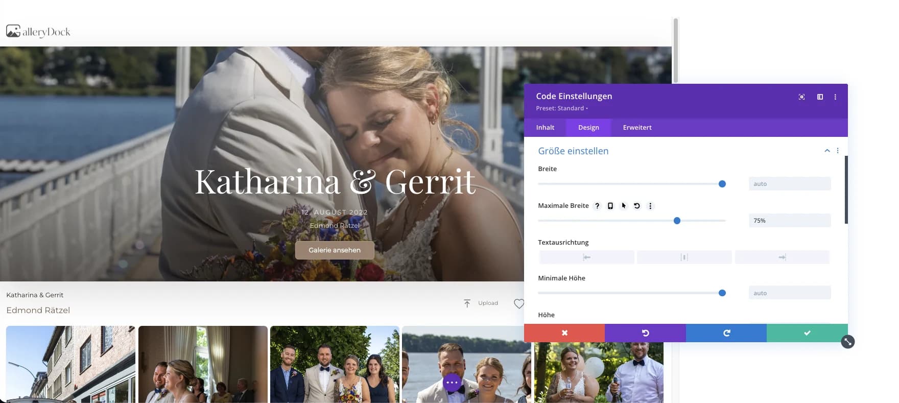 GalleryDock maximale Breite für eine eingebettete Webflow Fotogalerie einstellen