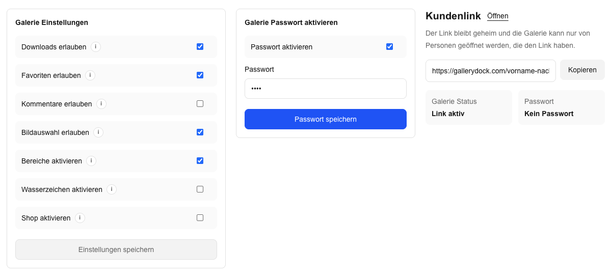 GalleryDock Galerie-Einstellungen mit aktivem Passwortschutz, Kundenlink und Galerie-Freigaben