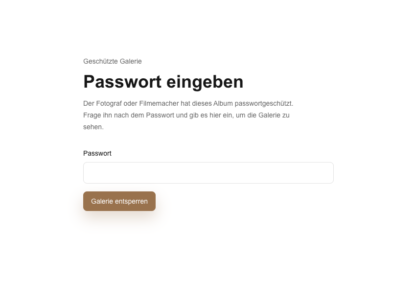 GalleryDock Kundenansicht einer geschützten Galerie mit Passwort-Eingabe